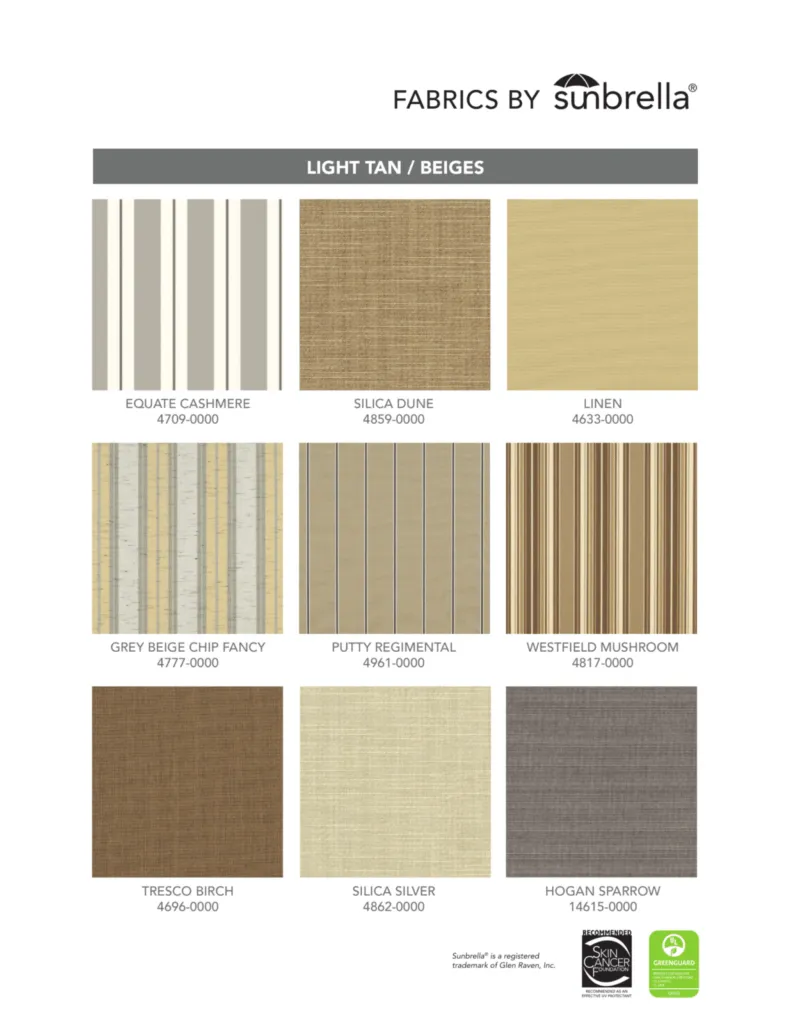 Sunbrella light tan and beige awning fabrics - 9 colors including Linen, Silica Dune, Equate Cashmere for Northwest Arkansas homes