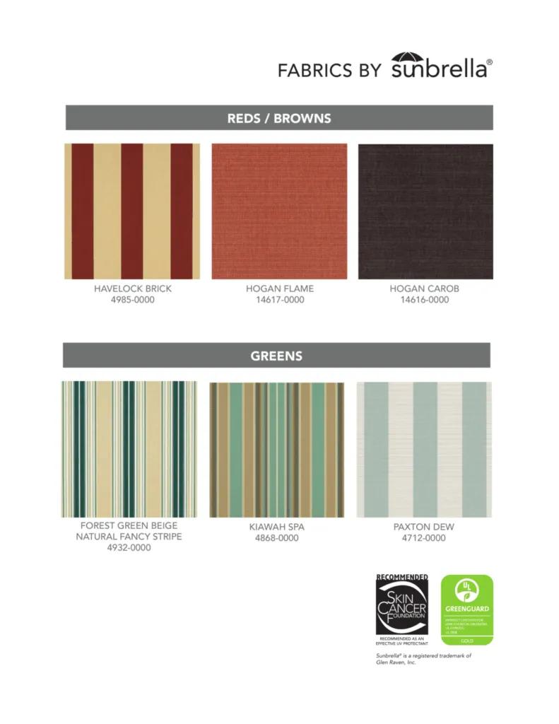 Sunbrella red brown and green awning fabrics - Havelock Brick, Hogan Flame, Kiawah Spa for NWA patios and decks
